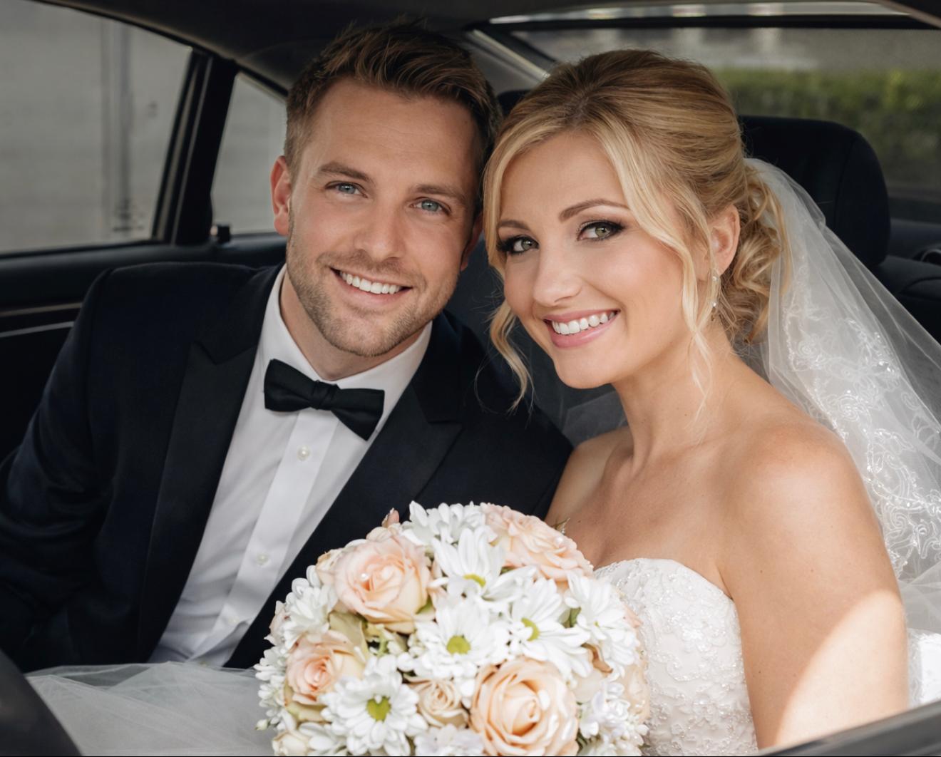 Wedding limo arrival at Boston venue with bride and groom